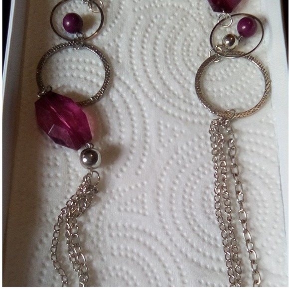 Silver Tone Necklace & Earrings Purple Faceted‎ Bead Long Chain Statement Piece - Picture 2 of 10
